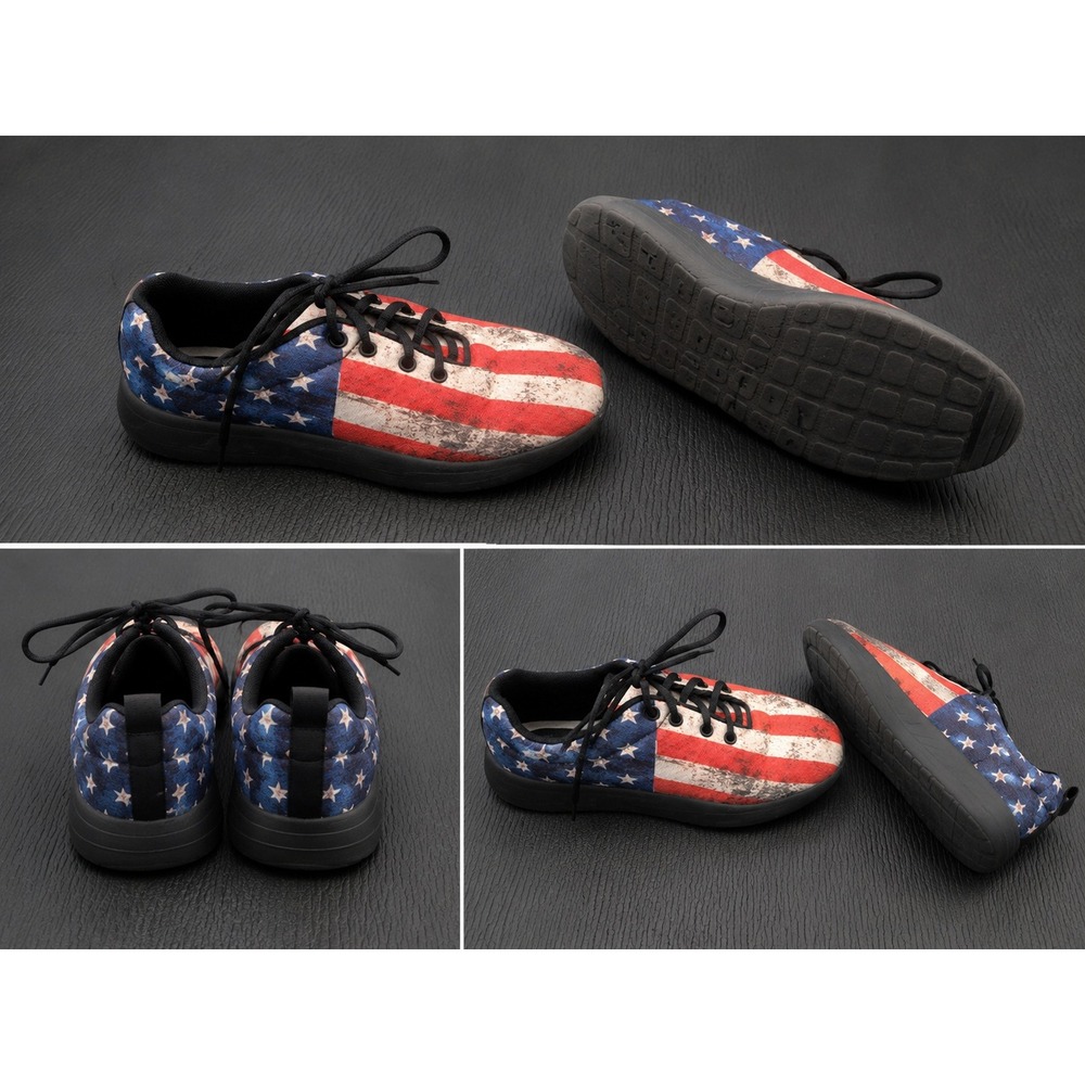American Flag Sneakers Distressed USA Patriotic Low Top Lace Up Shoes Black Sole